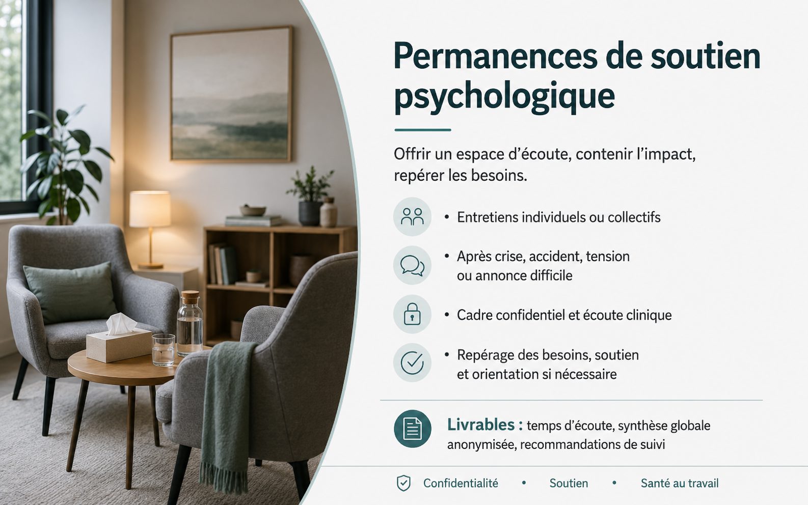 Permanence de soutien psychologique au travail dans un espace confidentiel