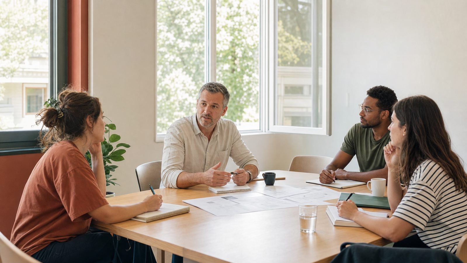Manager échangeant avec une équipe réduite sur les priorités de travail en période estivale