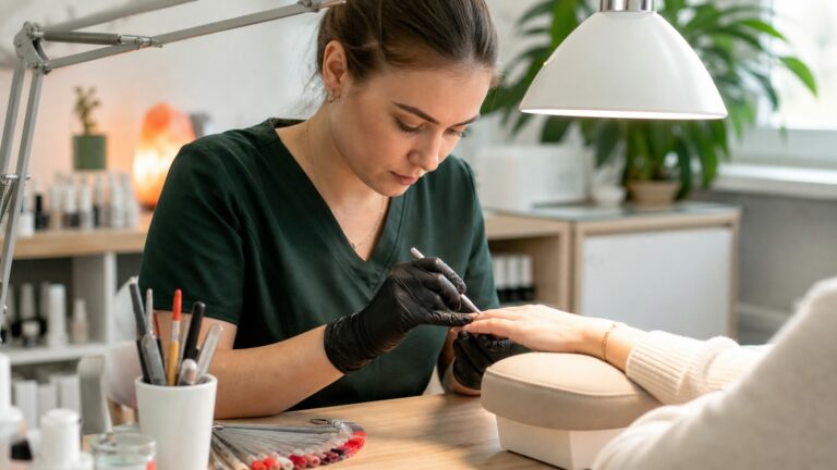 Prothésiste ongulaire réalisant un travail précis et adapté à la cliente