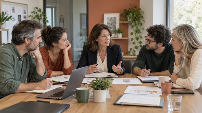 Manager échangeant avec une équipe stable sur la répartition du travail et les règles communes.