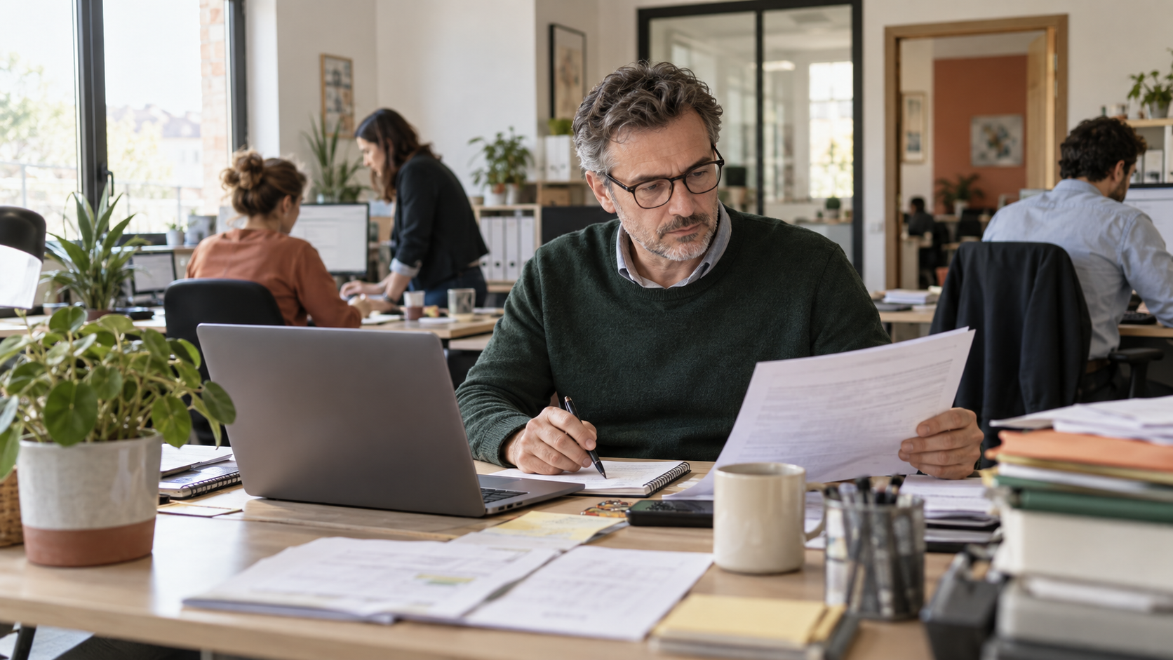 Manager examinant plusieurs dossiers pendant que son équipe poursuit l’activité dans un bureau.