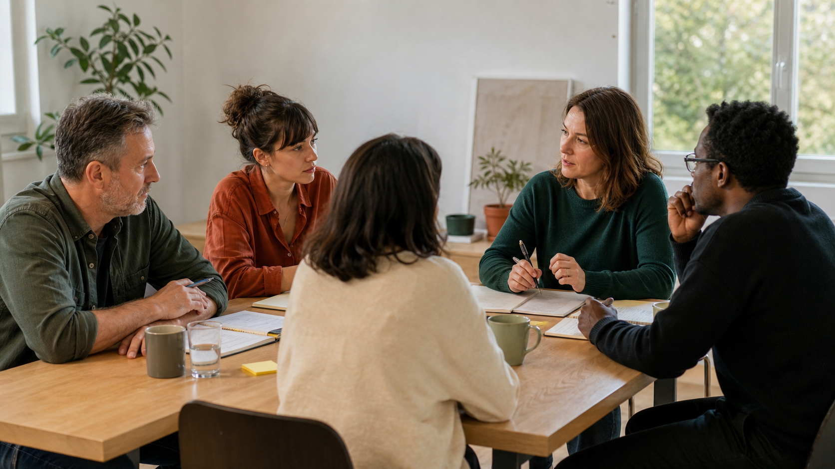 Cinq professionnels analysent ensemble une situation de travail lors d’une supervision d’équipe.